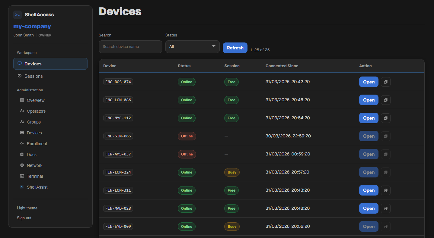 Devices view showing Windows endpoints and state
