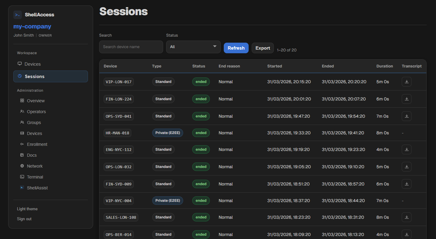 Sessions view showing history and status