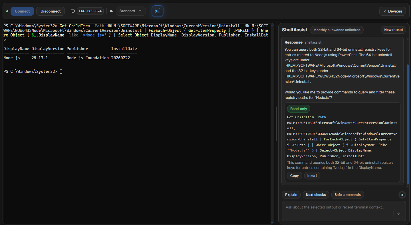 ShellAssist open beside a live PowerShell session